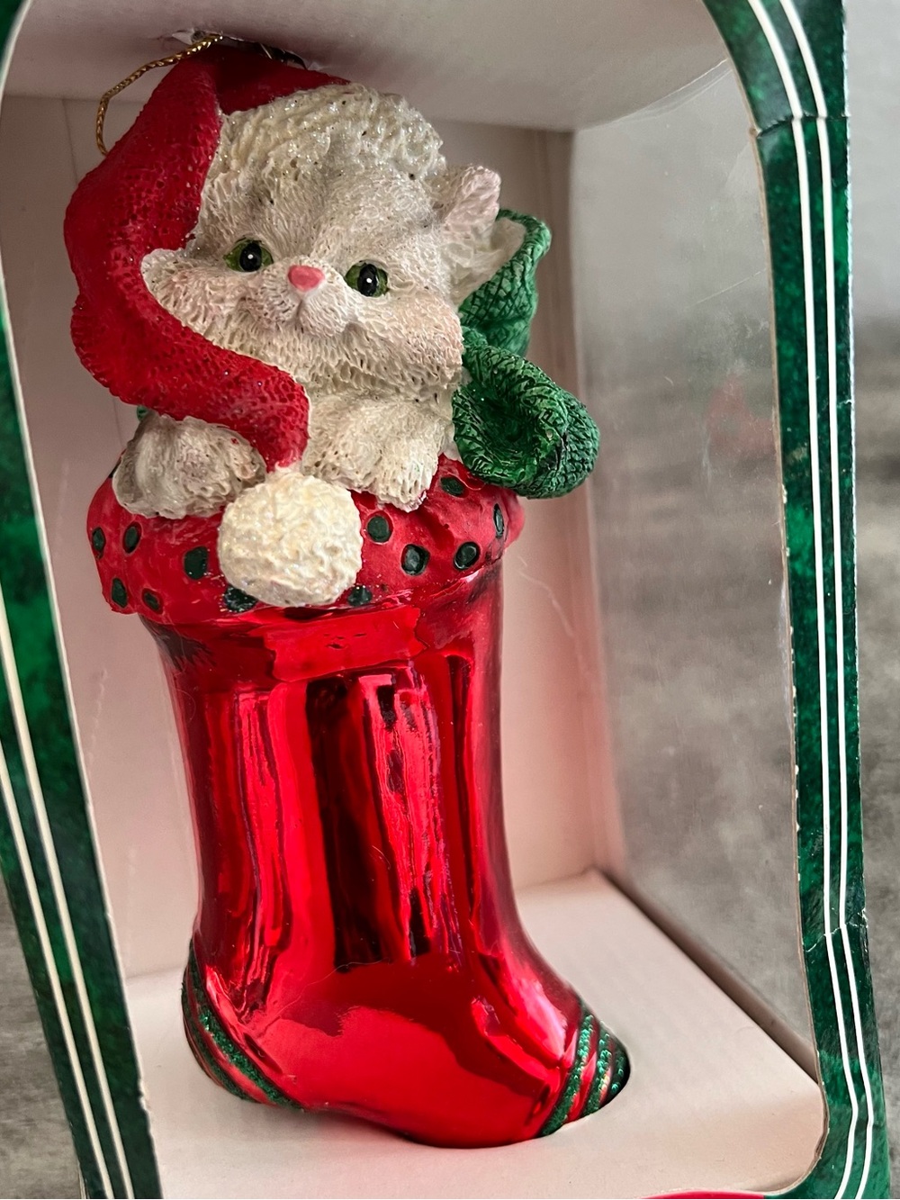 Hand Blown-Large Christmas Ornament-Red Stocking With Kitty Cat NIB